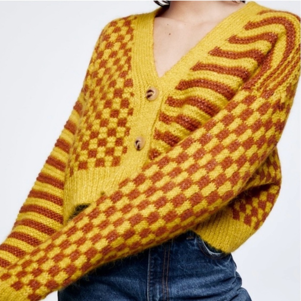 Zara Striped Checkered Knit Button-Up Cropped Cardigan Sweater